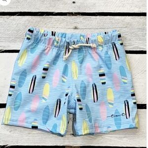 Kids Light Blue Surfboard Print Swim Trunks with Elastic Waist